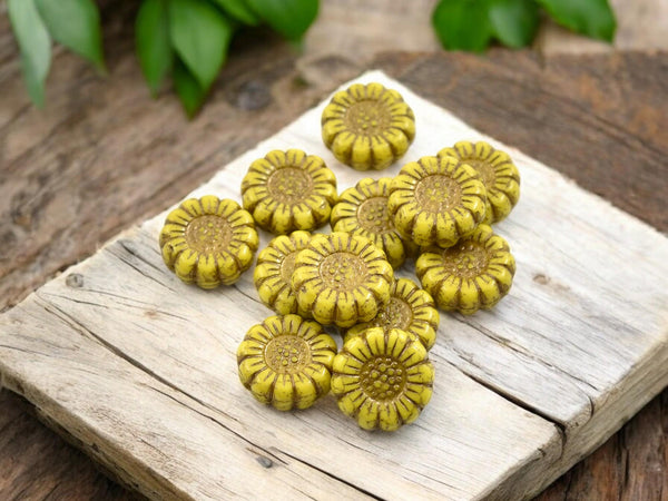 Flower Beads - Sunflower Beads - Czech Glass Beads - Picasso Beads - Coin Beads - 13mm - 12pcs - (4197)