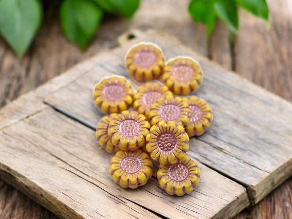 Czech Glass Beads - Flower Beads - Sunflower Beads - Picasso Beads - Coin Beads - 13mm - 12pcs - (4503)