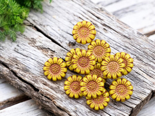 Sunflower Beads - Czech Glass Beads - Flower Beads - Picasso Beads - Coin Beads - 13mm - 12pcs - (1635)