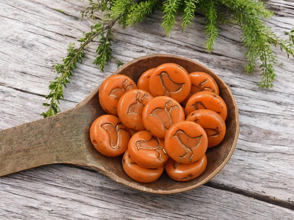 *15* 12mm Bronze Washed Opaque Orange Bird Coin Beads