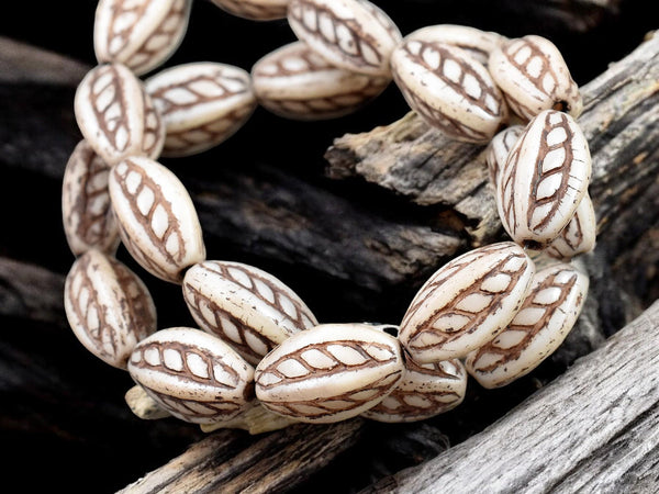 *10* 15x9mm Brown Washed Alabaster White Twisted Oval Beads