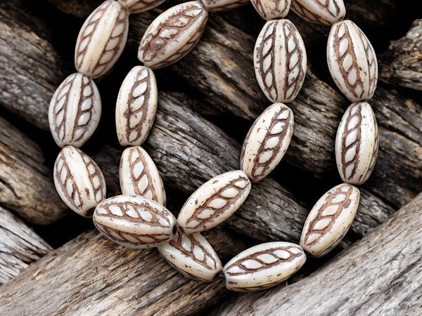 *10* 15x9mm Brown Washed Alabaster White Twisted Oval Beads