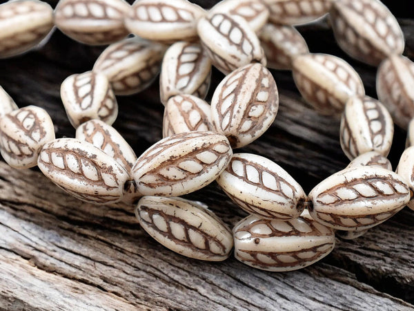 *10* 15x9mm Brown Washed Alabaster White Twisted Oval Beads