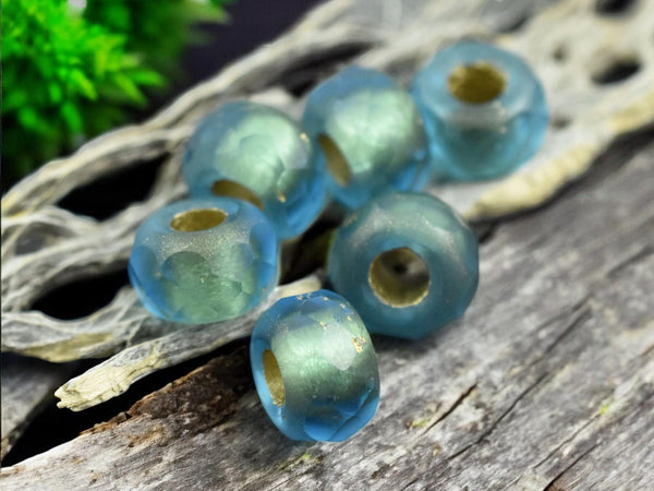 *15* 8x12mm Gold Washed Matte Blue Aqua Faceted Large Hole Rondelle Roller Beads