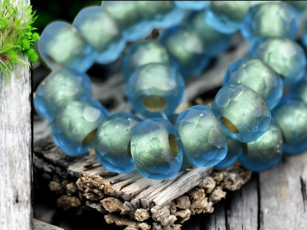 *15* 8x12mm Gold Washed Matte Blue Aqua Faceted Large Hole Rondelle Roller Beads