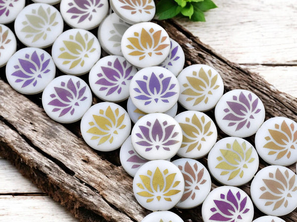 *8* 16mm Matte White Sliperit Laser Tattoo Lotus Flower Coin Beads