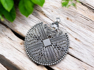 64x72mm Antique Silver Boho Filigree Round Pendant