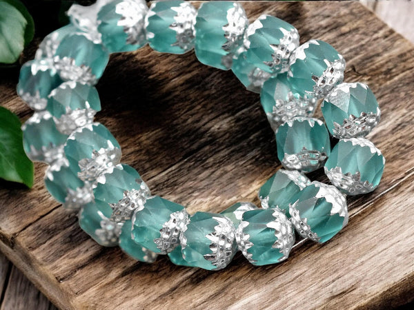 *15* 8mm Silver Washed Matte Translucent Lt. Teal Fire Polished Cathedral Beads