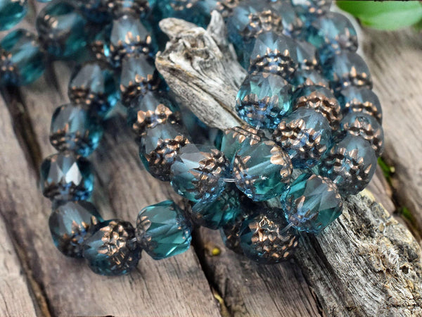 *15* 8mm Bronze Washed Translucent Teal Fire Polished Cathedral Beads