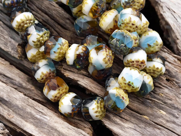 *15* 8mm Blended White Topaz & Aqua Picasso Cathedral Beads