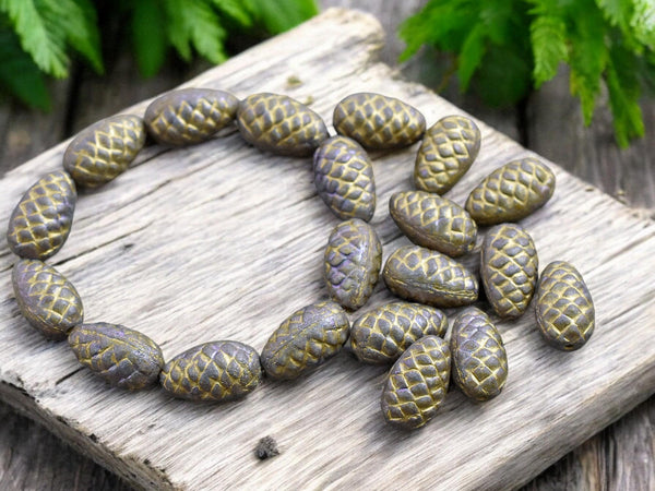 Czech Glass Beads - Pine Cone Beads - New Czech Beads - Fall Beads - Picasso Beads - 13x8mm- 10pcs - (4975)