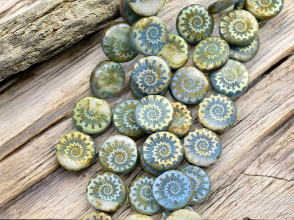 Czech Glass Beads - Laser Etched Beads - Ammonite Beads - Nautilus Beads - 14mm - 8pcs - (3594)