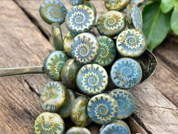 Czech Glass Beads - Laser Etched Beads - Ammonite Beads - Nautilus Beads - 14mm - 8pcs - (3594)