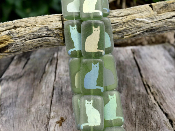 Czech Glass Beads - Cat Beads - Kitty Beads - Laser Etched Beads - Laser Tattoo Beads - 18x12mm - 6pcs (2754)