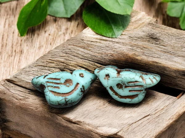 *6* 11x22mm Dark Bronze Washed Opaque Matte Turquoise Bird Beads