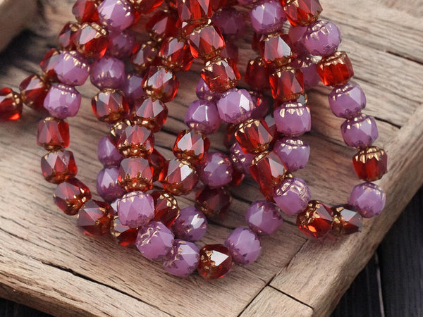 *20* 6mm Bronze Washed Mixed Pink Opal and Ruby Red Fire Polished Cathedral Beads