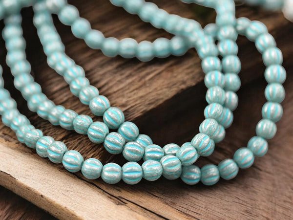 *50* 4mm Turquoise Washed Blue Aqua Mercury Fluted Round Beads