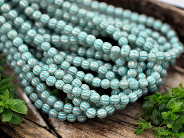 *50* 4mm Turquoise Washed Blue Aqua Mercury Fluted Round Beads