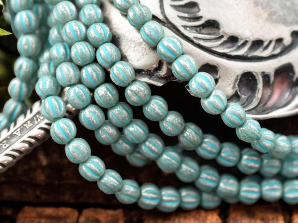 *50* 4mm Turquoise Washed Blue Aqua Mercury Fluted Round Beads