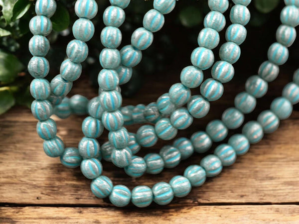 *50* 4mm Turquoise Washed Blue Aqua Mercury Fluted Round Beads