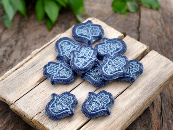 Czech Glass Beads - Picasso Beads - Hamsa Beads - Hamsa Hand - Hand Beads - 10pcs - 15x10mm - (465)