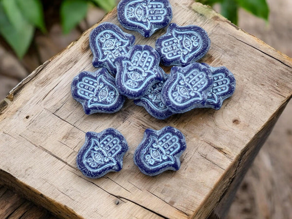 Czech Glass Beads - Picasso Beads - Hamsa Beads - Hamsa Hand - Hand Beads - 10pcs - 15x10mm - (465)