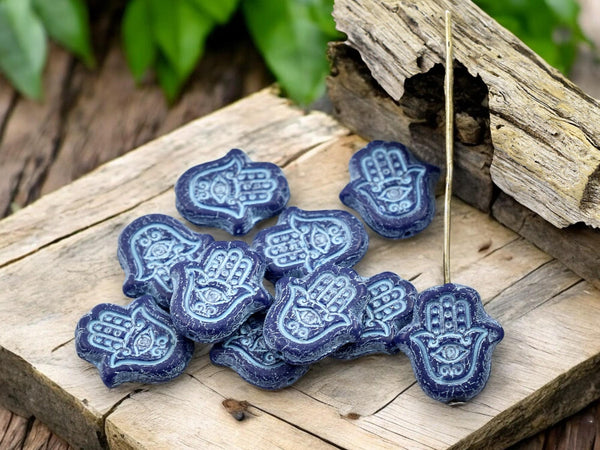 Czech Glass Beads - Picasso Beads - Hamsa Beads - Hamsa Hand - Hand Beads - 10pcs - 15x10mm - (465)