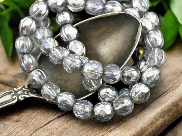 *20* 8mm Silver Washed Crystal AB Faceted Round Melon Beads