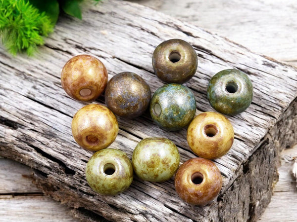 Large Hole Beads - Picasso Beads - Czech Glass Beads - Round Druk Beads - 9x10mm - 10pcs - (3617)