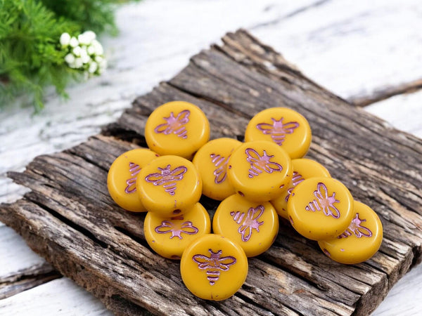 Bee Beads - Czech Glass Beads - Bumble Bee - Czech Glass Bee Coin - Picasso Beads - 12mm - 12pcs - (1697)