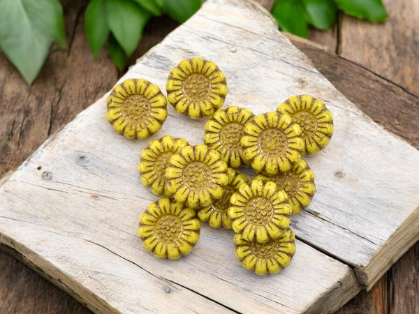 Flower Beads - Sunflower Beads - Czech Glass Beads - Picasso Beads - Coin Beads - 13mm - 12pcs - (4197)