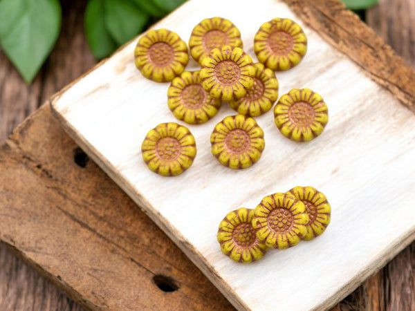 Sunflower Beads - Czech Glass Beads - Flower Beads - Picasso Beads - Coin Beads - 13mm - 12pcs - (2653)