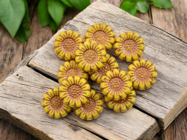 Sunflower Beads - Czech Glass Beads - Flower Beads - Picasso Beads - Coin Beads - 13mm - 12pcs - (2653)