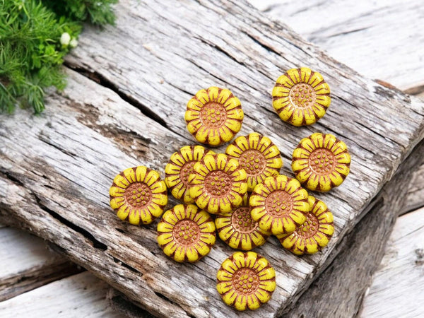 Sunflower Beads - Czech Glass Beads - Flower Beads - Picasso Beads - Coin Beads - 13mm - 12pcs - (1635)