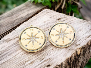 Compass Charms - Gold Charms - Micro Pave Charms - Metal Charms - 1pcs - 32x30mm - (1779)