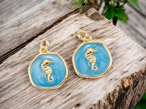 Gold Charms - Enamel Charms - Metal Charms - Seahorse Charms - Colorful Charms - 5pcs - 17x15mm - (4159)