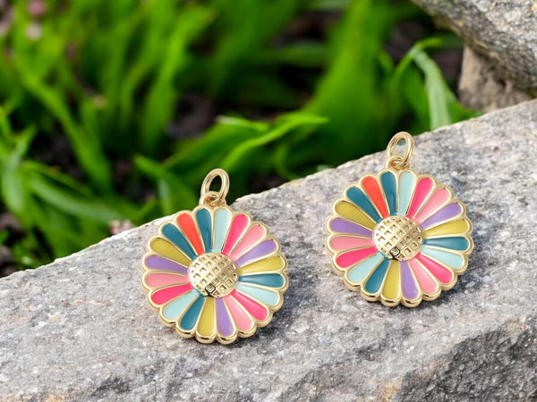 Flower Charms - Gold Charms - Enamel Charms - Metal Charms - Daisy Charms - 2pcs - 21x19mm - (1422)