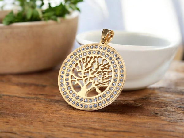 Tree of Life Pendant - Gold Pendants - Rhinestone Pendant - Metal Charms - 1pcs - 40mm - (5743)