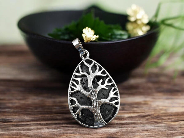 39x26x7mm Silver Plated Brass Black Lava Rock Tree of Life Pendant