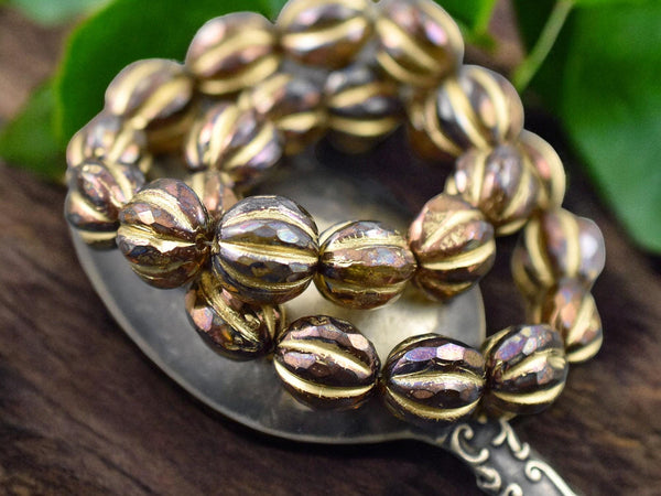 *12* 10mm Gold Washed Root Beer Topaz AB Faceted Round Melon Beads