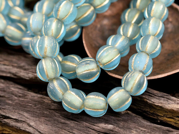 *20* 8mm Gold Washed Matte Blue Aqua Large Hole Melon Beads