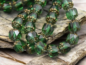 *15* 8mm Bronze Washed Emerald Green Fire Polished Cathedral Beads