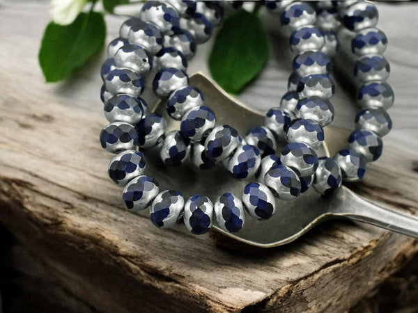 *25* 5x7mm Silver Washed Navy Blue Fire Polished Rondelle Beads