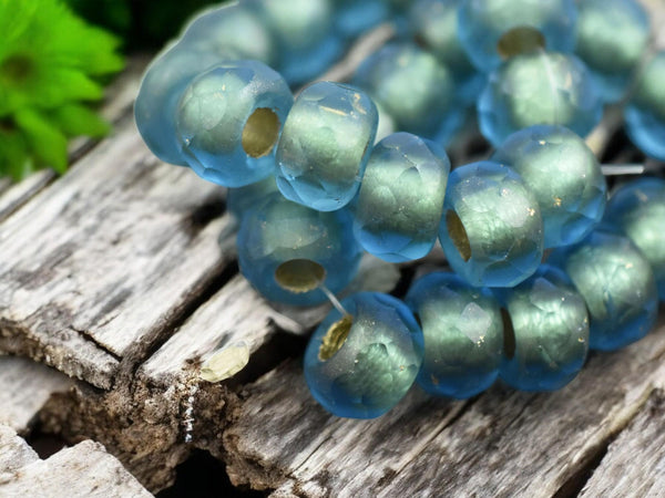 *15* 8x12mm Gold Washed Matte Blue Aqua Faceted Large Hole Rondelle Roller Beads