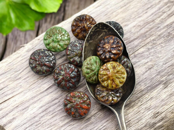 Picasso Beads - Czech Glass Beads - Flower Beads - Dahlia Beads - Mixed Flower Beads - 15mm - 12pcs - (3793)