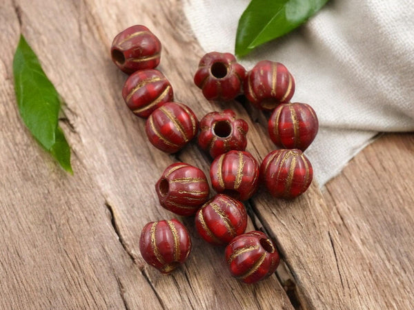 *20* 8mm Bronze Washed Varigated Red Large Hole Melon Beads