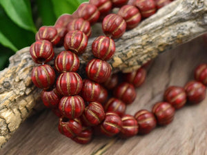 *20* 8mm Bronze Washed Varigated Red Large Hole Melon Beads