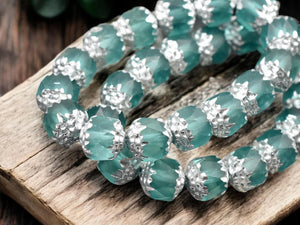 *15* 8mm Silver Washed Matte Translucent Lt. Teal Fire Polished Cathedral Beads