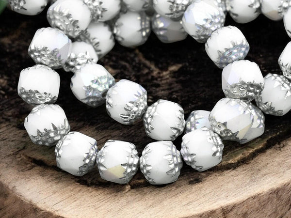 *15* 8mm Silver Washed Opaque White AB Fire Polished Cathedral Beads