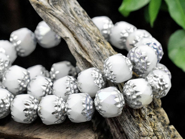 *15* 8mm Silver Washed Opaque White AB Fire Polished Cathedral Beads